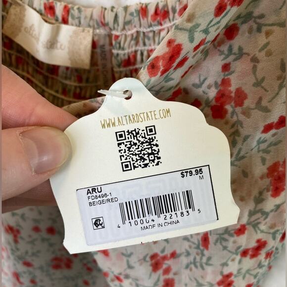 Altar’d State Women's Floral Ruffle Mini Dress Size Medium Tie-Front Beige Red - Picture 6 of 11
